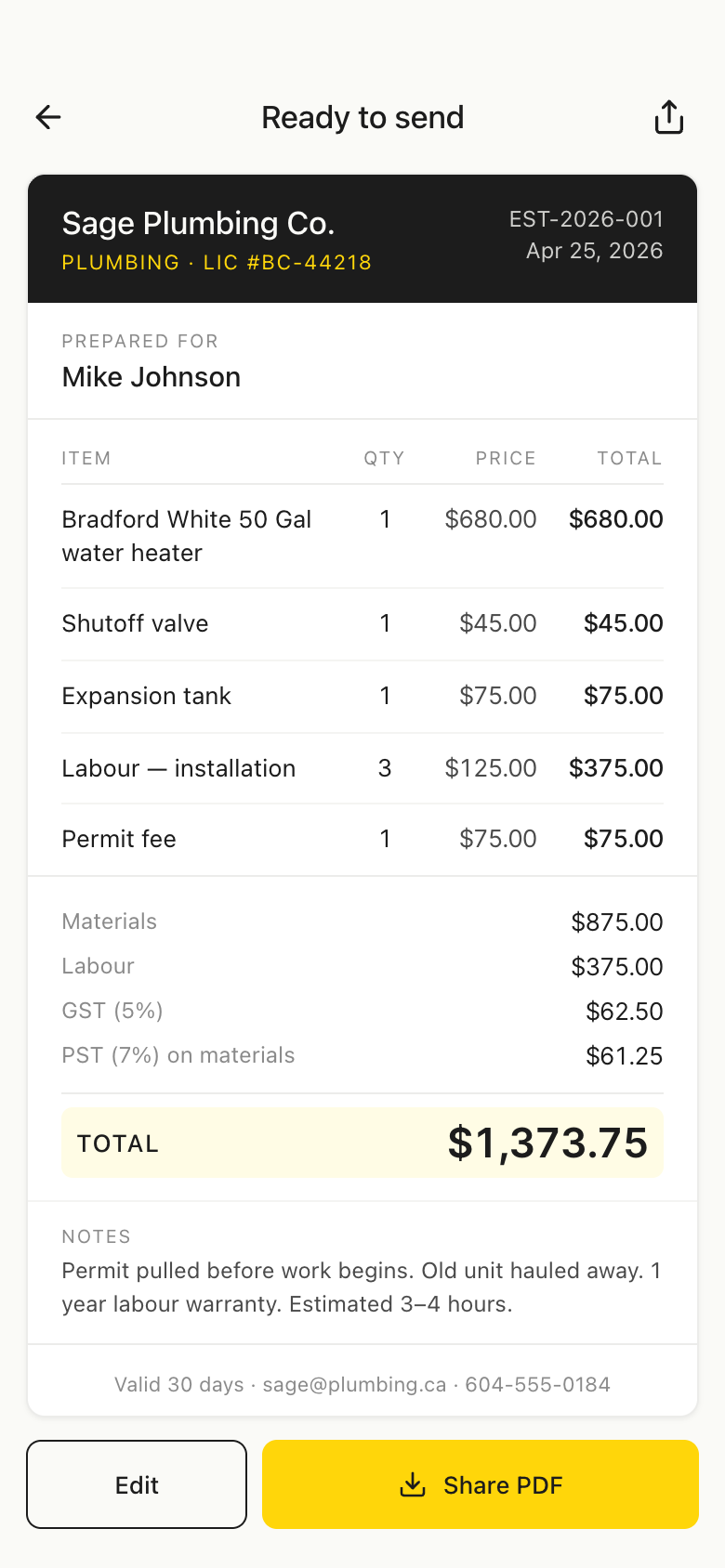 Finished estimate document with company header, itemized table, GST and PST breakdown, grand total, notes, and a Share PDF button