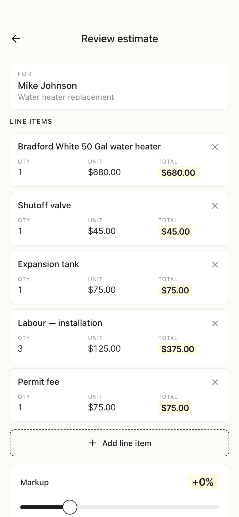 Review screen listing drafted line items with quantities, unit prices, totals, delete controls, and a markup slider